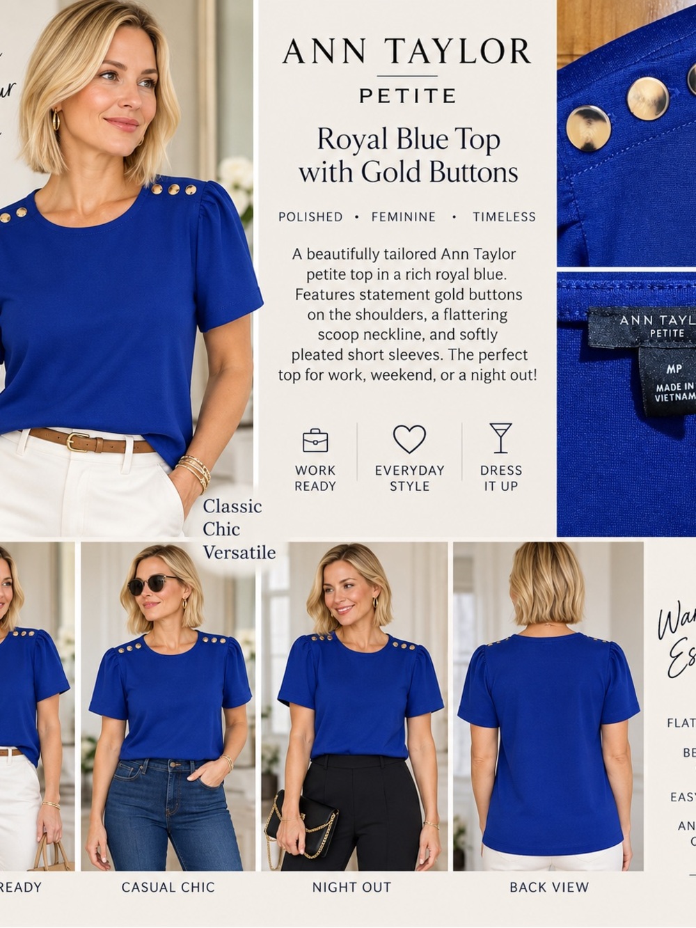 Ann Taylor Petite Royal Blue Short Sleeve Top with Gold Shoulder Buttons